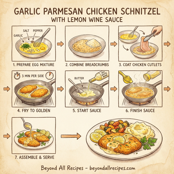 Garlic Parmesan Chicken Schnitzel with Lemon Wine Sauce instructions