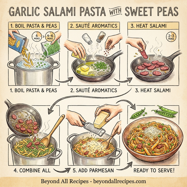 Garlic Salami Pasta with Sweet Peas instructions