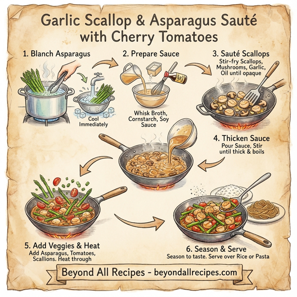 Garlic Scallop & Asparagus Sauté with Cherry Tomatoes instructions