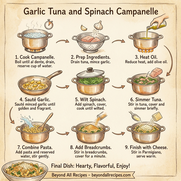 Garlic Tuna and Spinach Campanelle instructions
