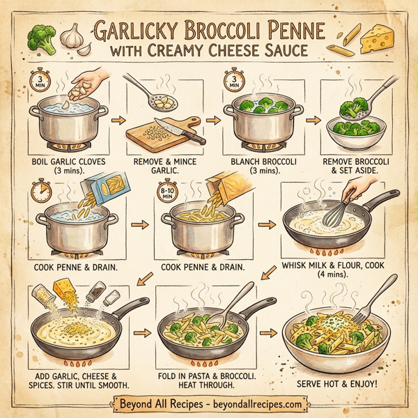 Garlicky Broccoli Penne with Creamy Cheese Sauce instructions