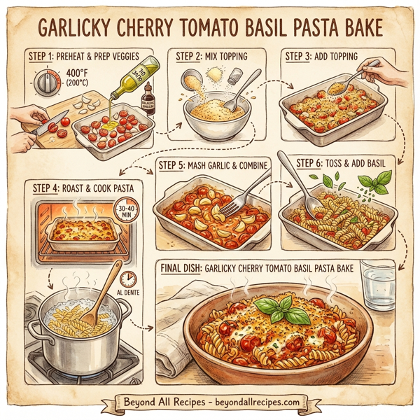 Garlicky Cherry Tomato Basil Pasta Bake instructions