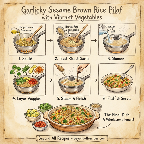 Garlicky Sesame Brown Rice Pilaf with Vibrant Vegetables instructions