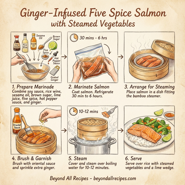 Ginger-Infused Five Spice Salmon with Steamed Vegetables instructions