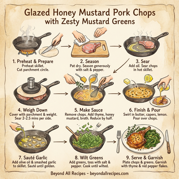 Glazed Honey Mustard Pork Chops with Zesty Mustard Greens instructions