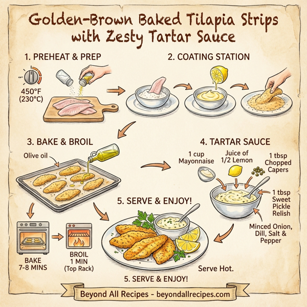 Golden-Brown Baked Tilapia Strips with Zesty Tartar Sauce instructions