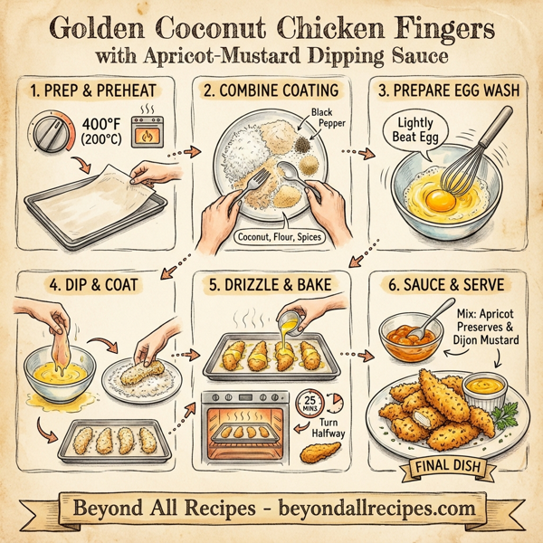 Golden Coconut Chicken Fingers with Apricot-Mustard Dipping Sauce instructions