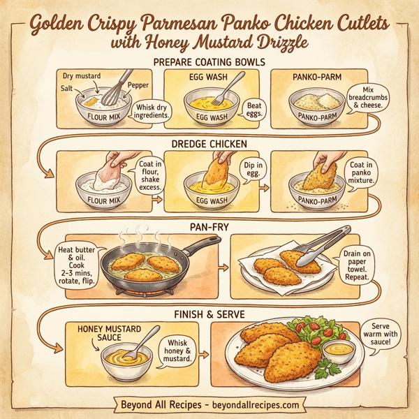 Golden Crispy Parmesan Panko Chicken Cutlets with Honey Mustard Drizzle instructions
