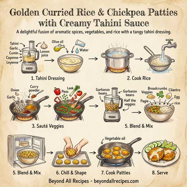 Golden Curried Rice & Chickpea Patties with Creamy Tahini Sauce instructions