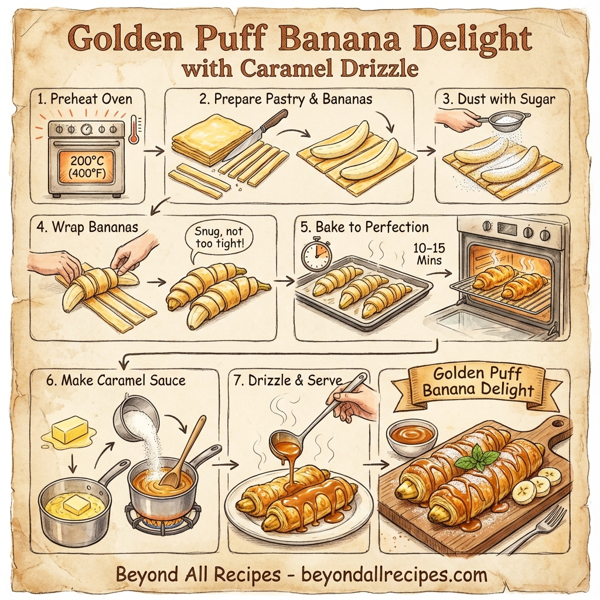 Golden Puff Banana Delight with Caramel Drizzle instructions