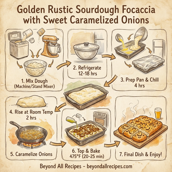 Golden Rustic Sourdough Focaccia with Sweet Caramelized Onions instructions