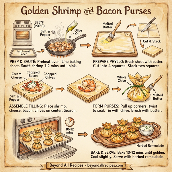 Golden Shrimp and Bacon Purses instructions