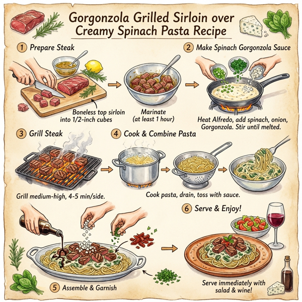 Gorgonzola Grilled Sirloin over Creamy Spinach Pasta instructions