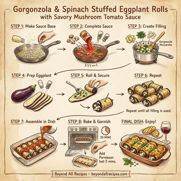 Gorgonzola & Spinach Stuffed Eggplant Rolls with Savory Mushroom Tomato Sauce instructions