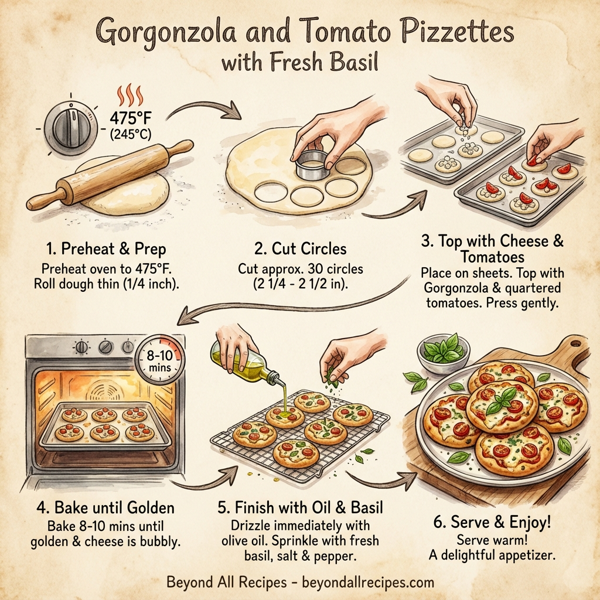 Gorgonzola and Tomato Pizzettes with Fresh Basil instructions