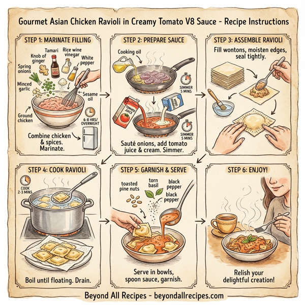 Gourmet Asian Chicken Ravioli in Creamy Tomato V8 Sauce instructions