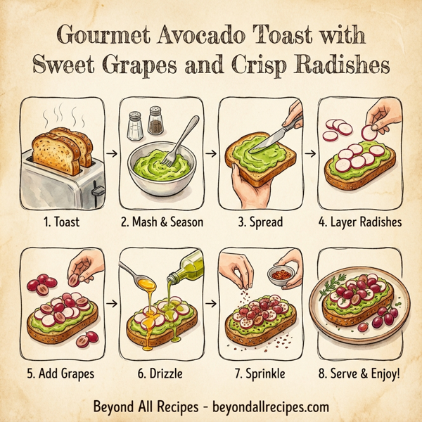 Gourmet Avocado Toast with Sweet Grapes and Crisp Radishes instructions