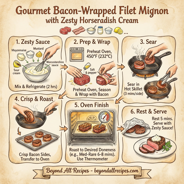Gourmet Bacon-Wrapped Filet Mignon with Zesty Horseradish Cream instructions