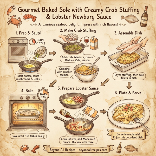 Gourmet Baked Sole with Creamy Crab Stuffing and Lobster Newburg Sauce instructions