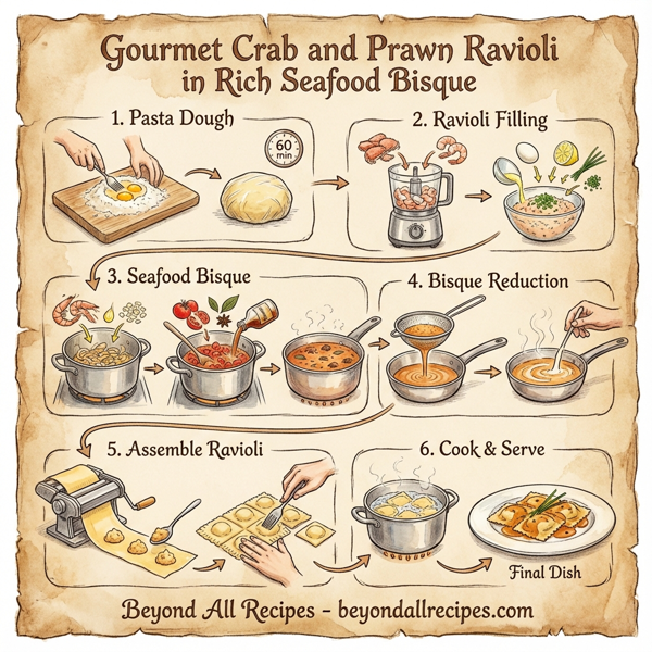 Gourmet Crab and Prawn Ravioli in Rich Seafood Bisque instructions