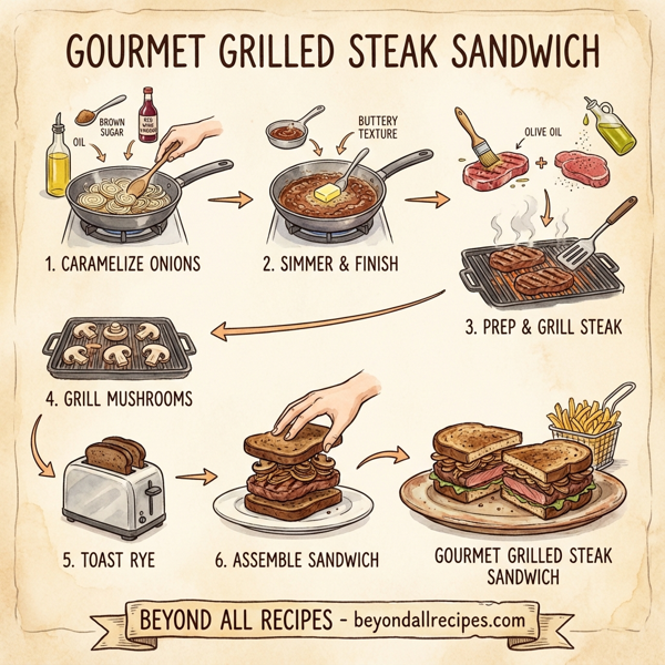Gourmet Grilled Steak Sandwich with Savory Mushrooms and Onions instructions
