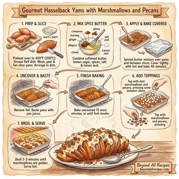 Gourmet Hasselback Yams with Marshmallows and Pecans instructions