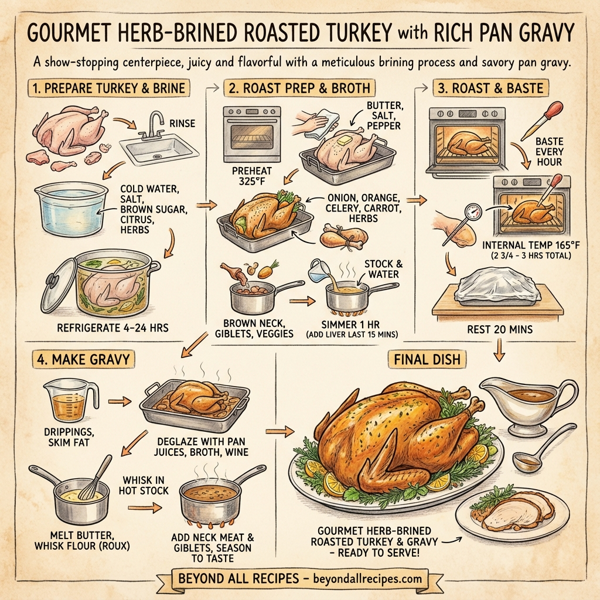Gourmet Herb-Brined Roasted Turkey with Rich Pan Gravy instructions