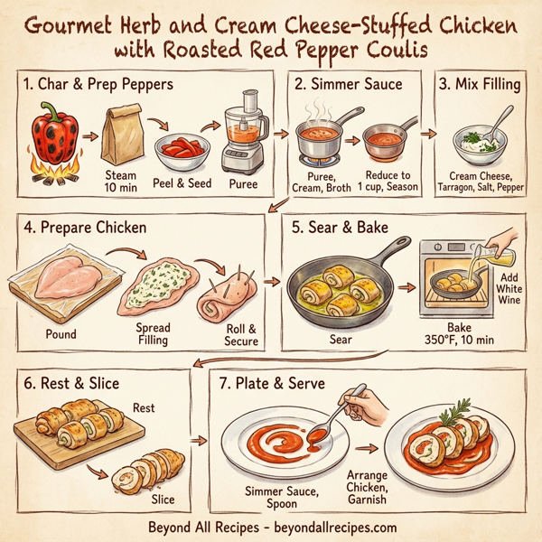 Gourmet Herb and Cream Cheese-Stuffed Chicken with Roasted Red Pepper Coulis instructions