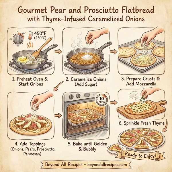 Gourmet Pear and Prosciutto Flatbread with Thyme-Infused Caramelized Onions instructions