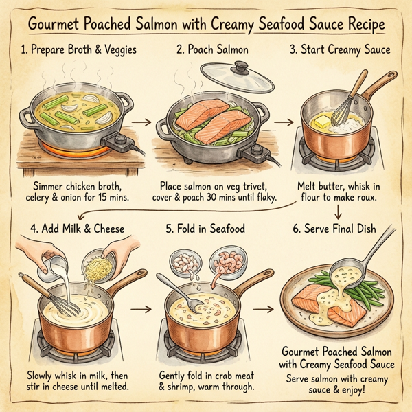 Gourmet Poached Salmon with Creamy Seafood Sauce instructions