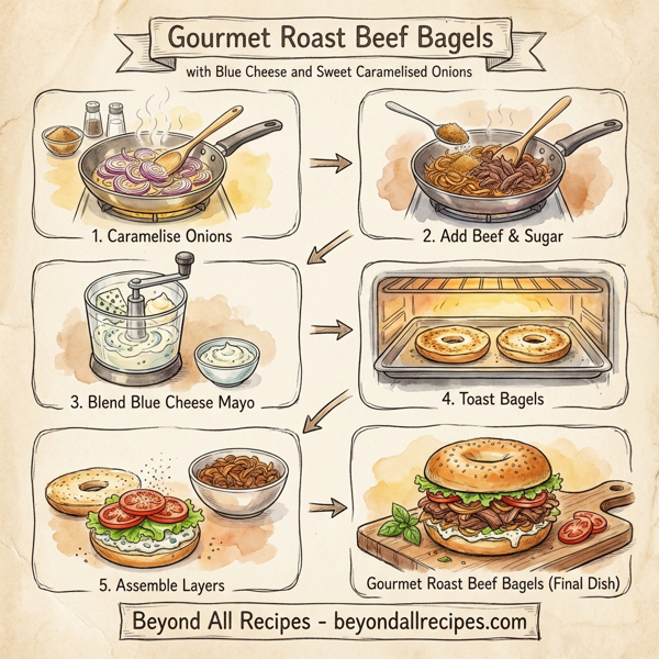 Gourmet Roast Beef Bagels with Blue Cheese and Sweet Caramelised Onions instructions