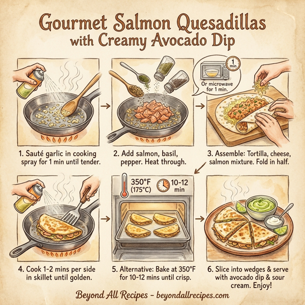 Gourmet Salmon Quesadillas with Creamy Avocado Dip instructions