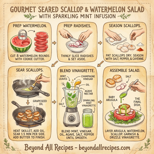 Gourmet Seared Scallop and Watermelon Salad with Sparkling Mint Infusion instructions