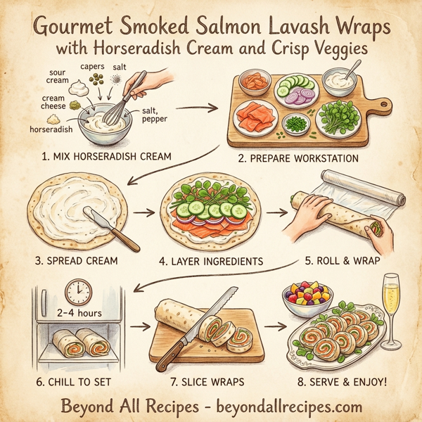Gourmet Smoked Salmon Lavash Wraps with Horseradish Cream and Crisp Veggies instructions