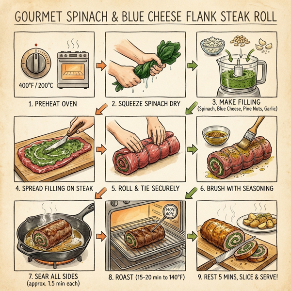 Gourmet Spinach and Blue Cheese Flank Steak Roll instructions