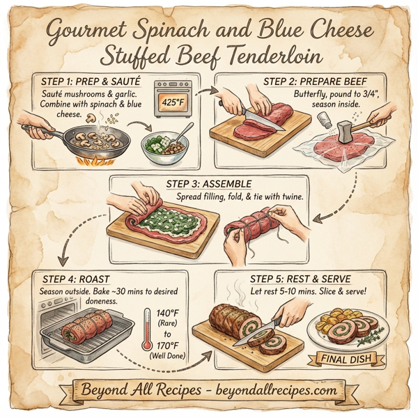 Gourmet Spinach and Blue Cheese Stuffed Beef Tenderloin instructions