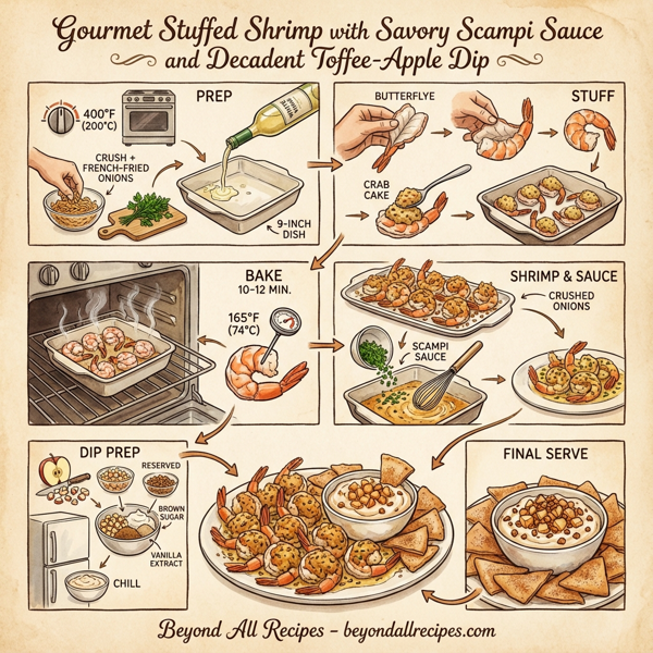 Gourmet Stuffed Shrimp with Savory Scampi Sauce and Decadent Toffee-Apple Dip instructions