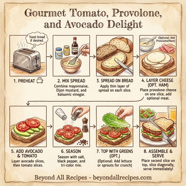 Gourmet Tomato, Provolone, and Avocado Delight instructions