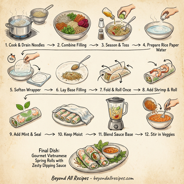 Gourmet Vietnamese Shrimp and Vegetable Spring Rolls with Zesty Dipping Sauce instructions