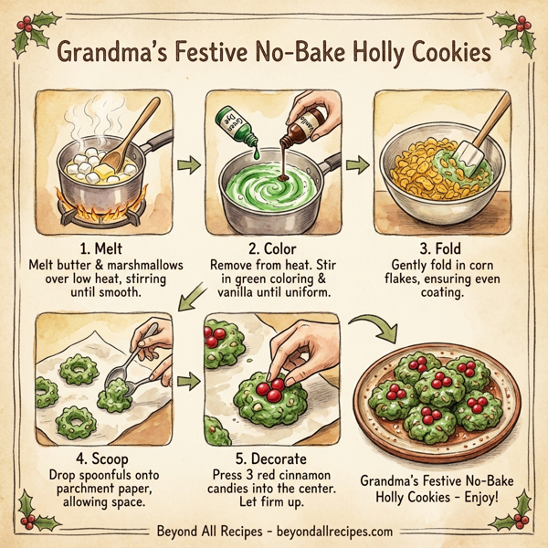 Grandma's Festive No-Bake Holly Cookies instructions