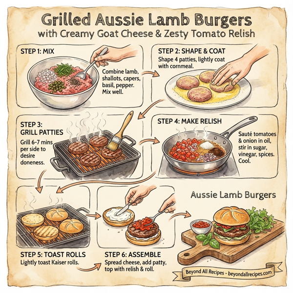 Grilled Aussie Lamb Burgers with Creamy Goat Cheese and Zesty Tomato Relish instructions
