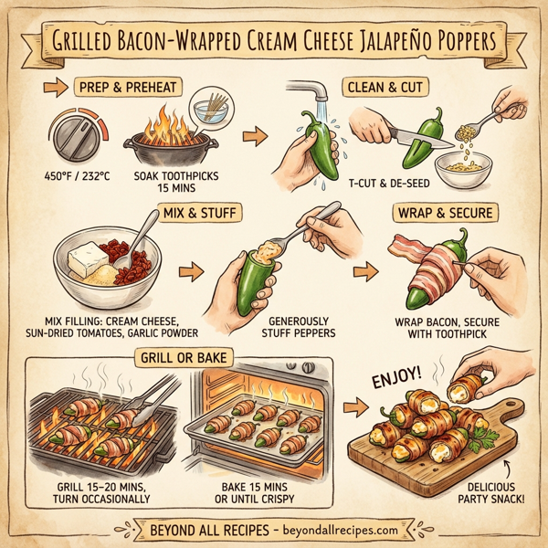 Grilled Bacon-Wrapped Cream Cheese Jalapeño Poppers instructions