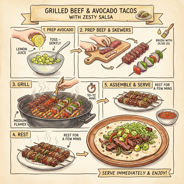 Grilled Beef and Avocado Tacos with Zesty Salsa instructions