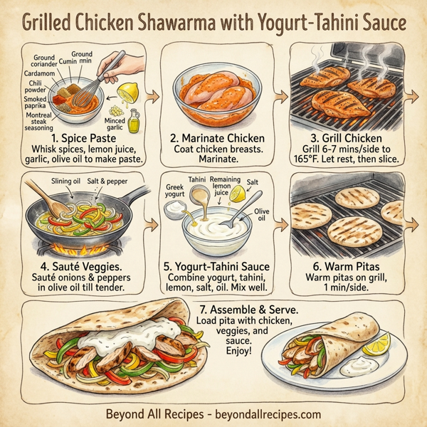 Grilled Chicken Shawarma with Yogurt-Tahini Sauce instructions