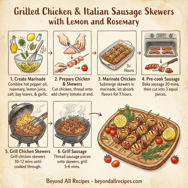Grilled Chicken & Italian Sausage Skewers with Lemon and Rosemary instructions