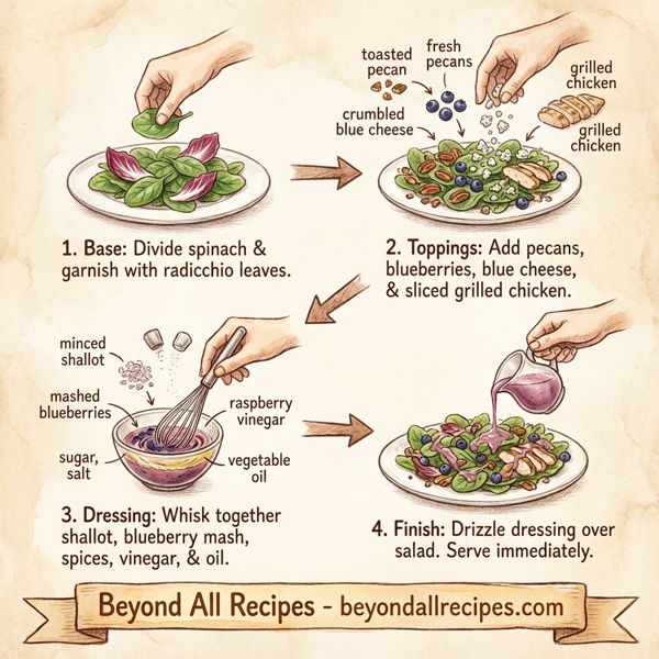 Grilled Chicken and Blueberry Spinach Salad with Candied Pecans and Blue Cheese Dressing instructions