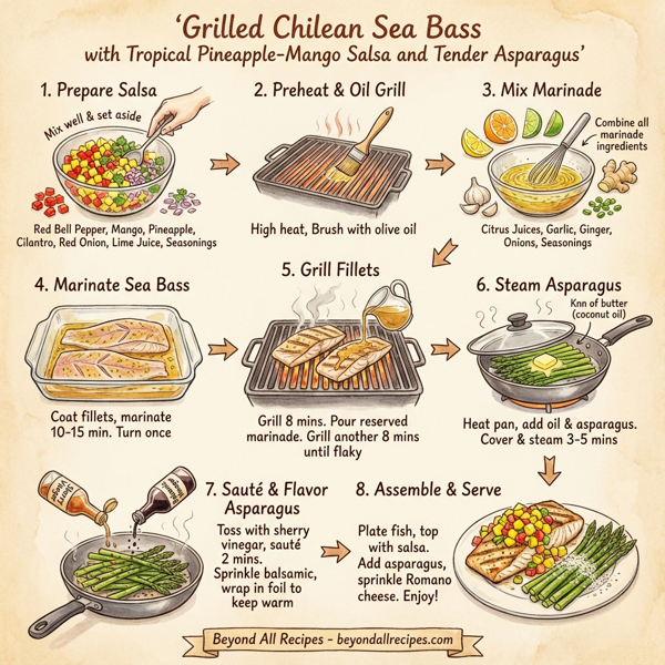 Grilled Chilean Sea Bass with Tropical Pineapple-Mango Salsa and Tender Asparagus instructions