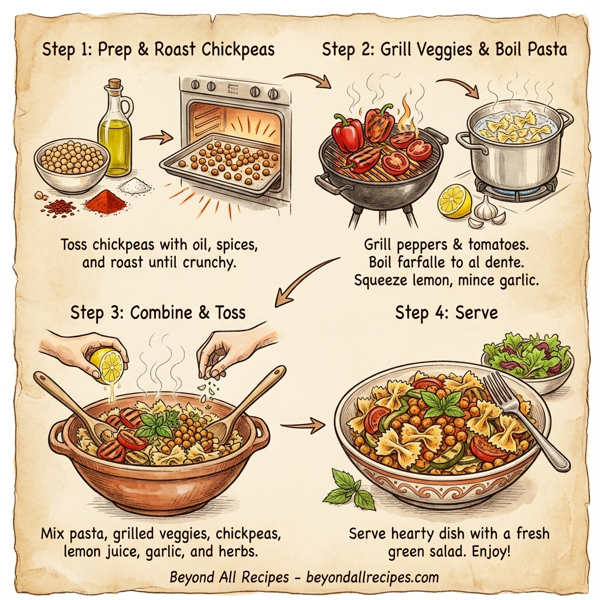 Grilled Farfalle with Spicy Roasted Chickpeas and Garden Veggies instructions