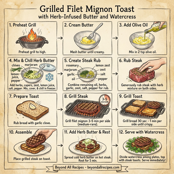 Grilled Filet Mignon Toast with Herb-Infused Butter and Watercress instructions