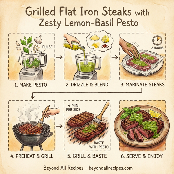 Grilled Flat Iron Steaks with Zesty Lemon-Basil Pesto instructions